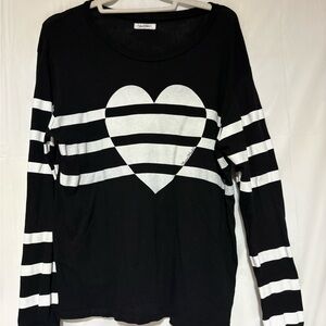 Lauren Moshi Black and White Striped Heart Long Sleeve Tee